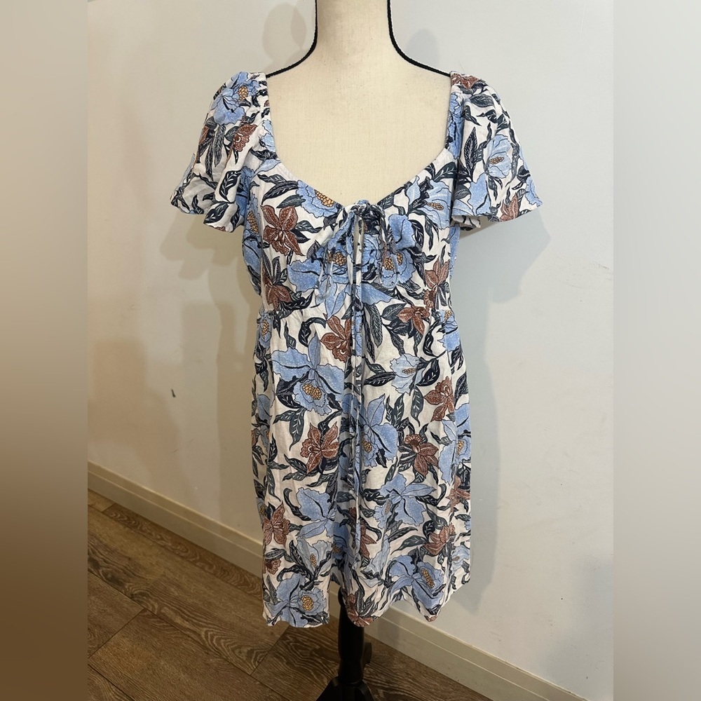 Old Navy SZ L Linen Floral Print Mini Dress Blue and Brown Puff Sleeve